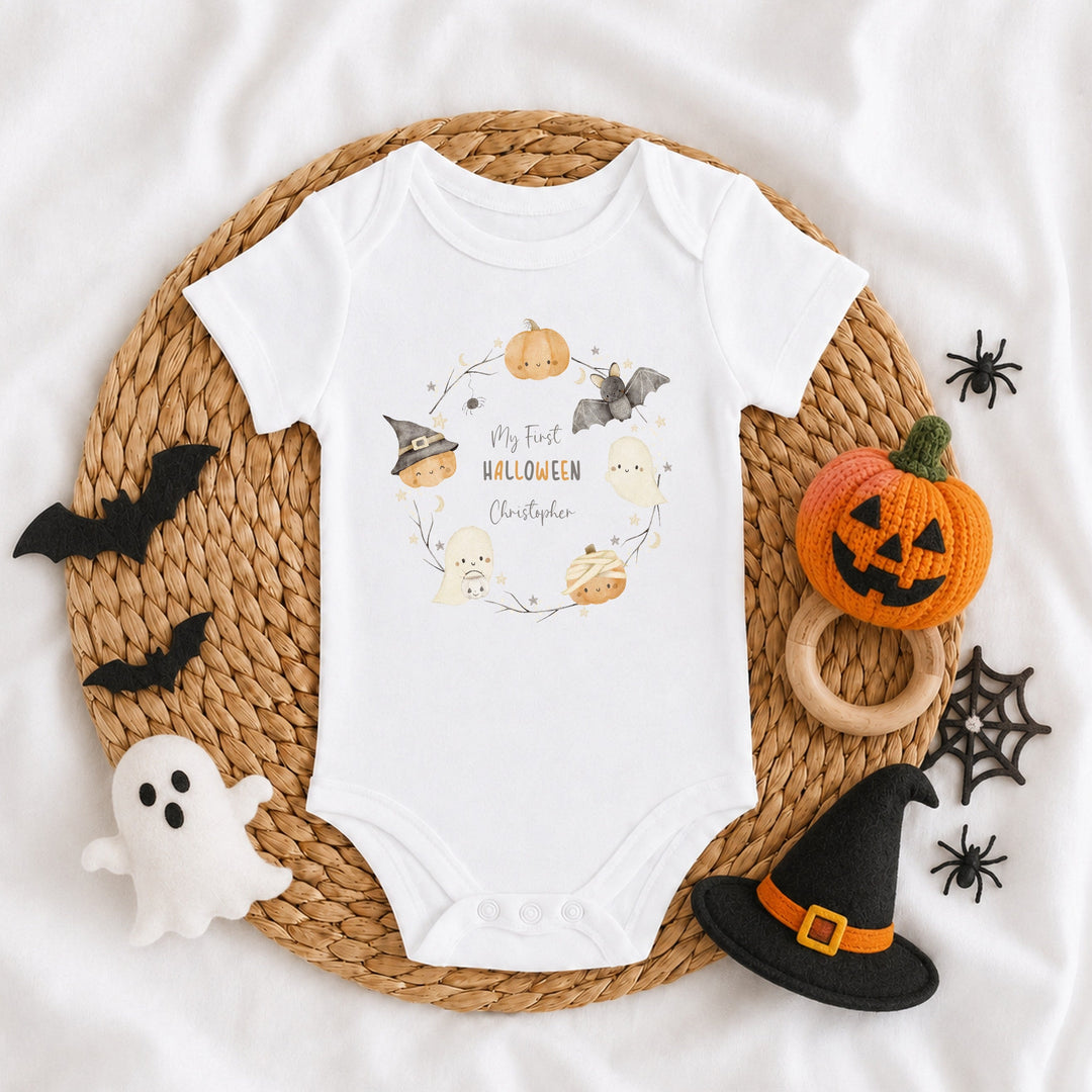 Personalised Pumpkin Wreath My First Halloween Baby Grow or Vest