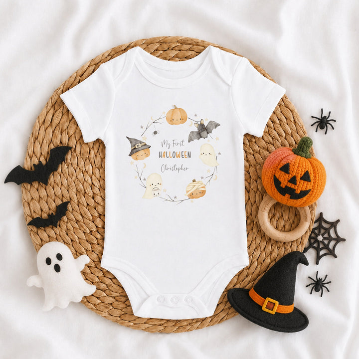 Personalised Pumpkin Wreath My First Halloween Baby Grow or Vest