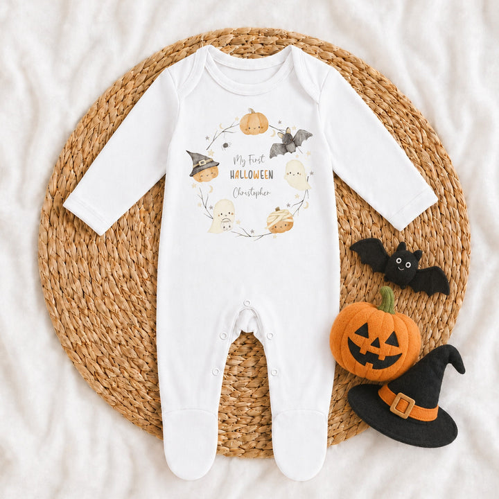 Personalised Pumpkin Wreath My First Halloween Baby Grow or Vest