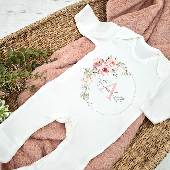 Personalised Pink Initial Wreath Babygrow/Vest
