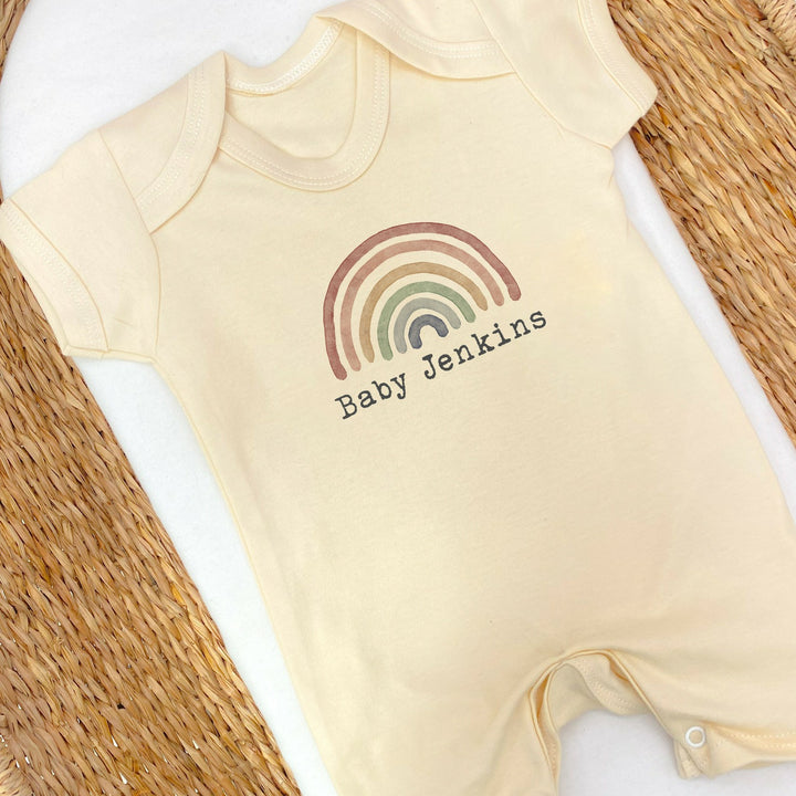 Personalised Little Rainbow Beige Babygrow with optional Headband, Hat, Blanket, Romper