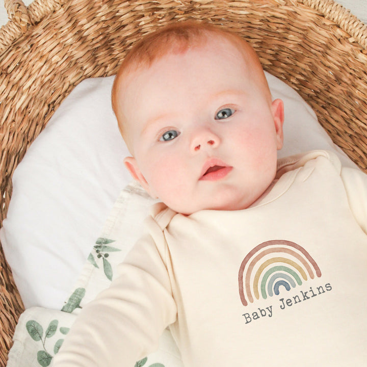 Personalised Little Rainbow Beige Babygrow with optional Headband, Hat, Blanket, Romper