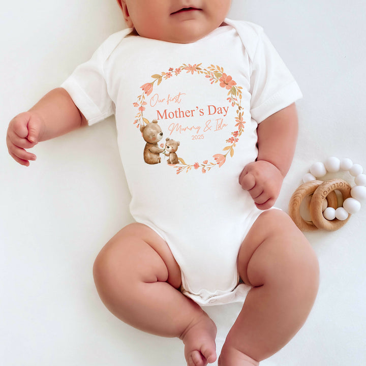 Personalised First Mother's Day Teddy Wreath Babygrow/Vest