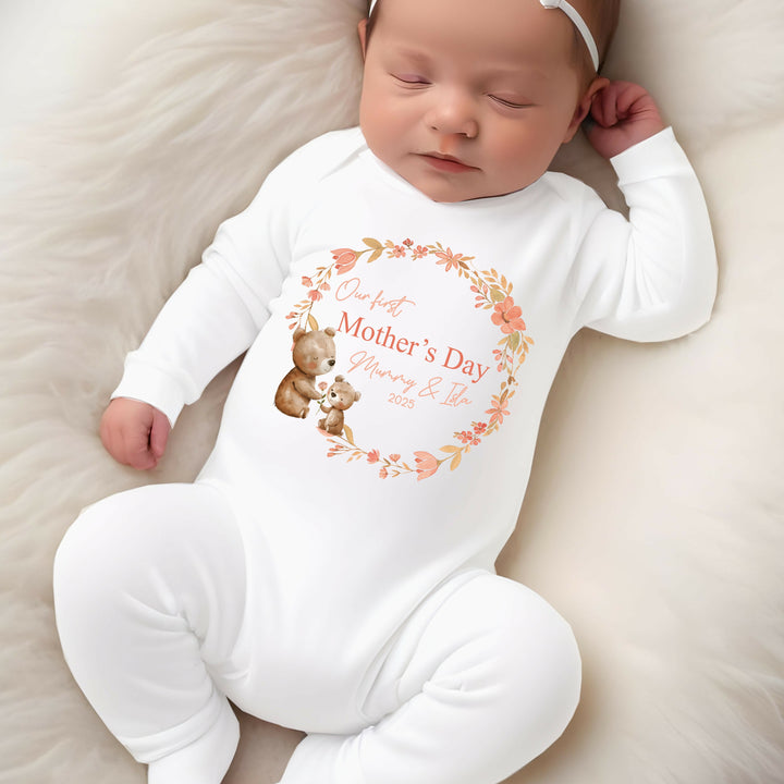 Personalised First Mother's Day Teddy Wreath Babygrow/Vest