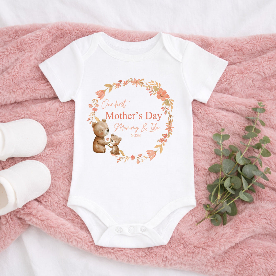 Personalised Teddy Wreath Our First Mother's Day Baby Grow, Vest or Bib