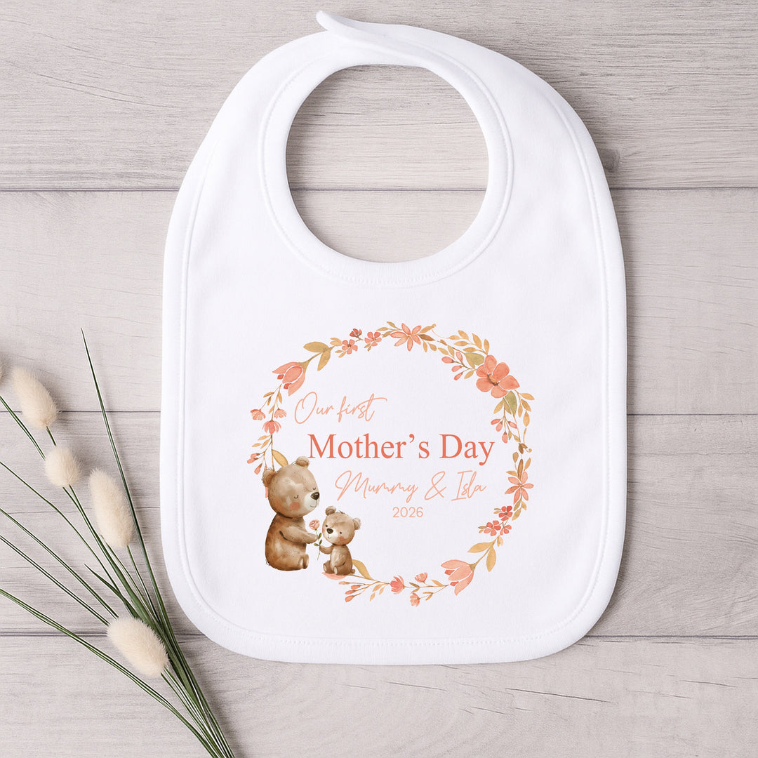 Personalised Teddy Wreath Our First Mother's Day Baby Grow, Vest or Bib