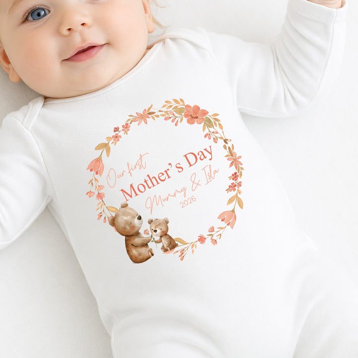 Personalised Teddy Wreath Our First Mother's Day Baby Grow, Vest or Bib