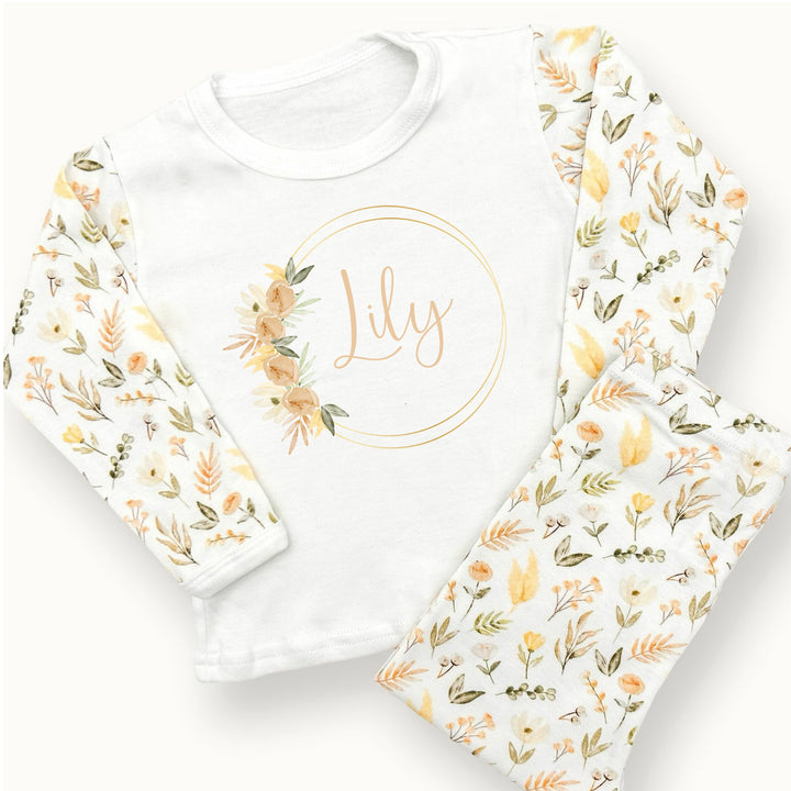 Personalised Peach Gold Ring Spring Floral Pyjamas