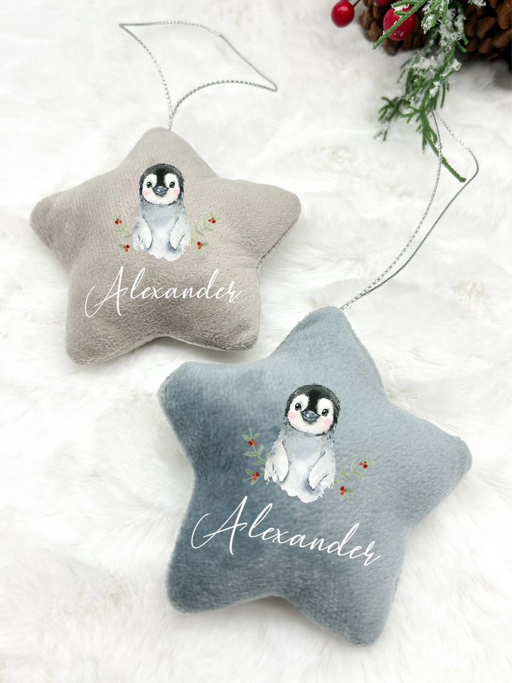 Personalised Penguin Star Ornament | Pink, Blue, Grey and White