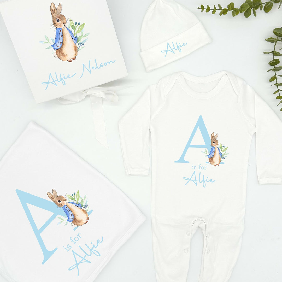 Personalised Blue Rabbit Initial Hamper Clothing Gift Set