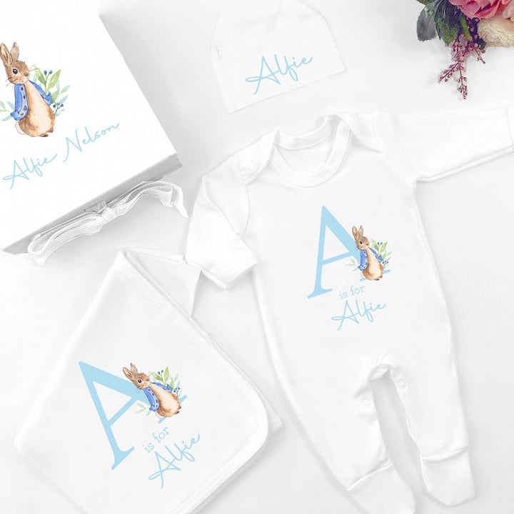 Personalised Blue Rabbit Initial Hamper Clothing Gift Set