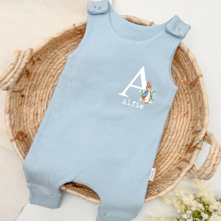 Personalised Blue Rabbit Initial Ribbed Dungarees
