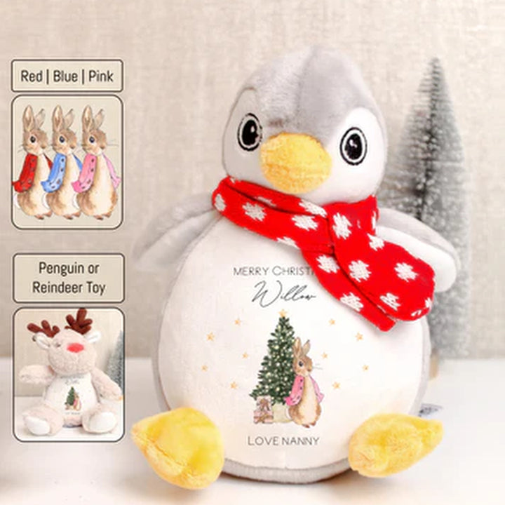 Merry Christmas Personalised RABBIT DESIGN Penguin or Reindeer Soft Plush Toy