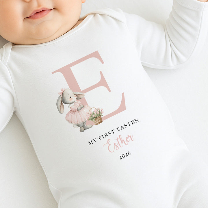 Personalised Pink Bunny Initial My First Easter Baby Grow, Vest or Bib