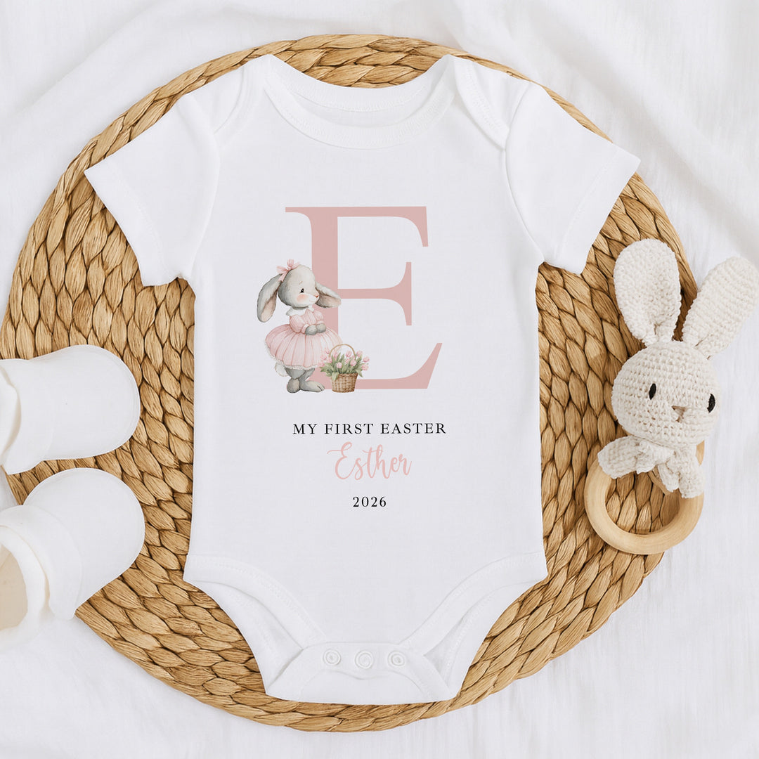 Personalised Pink Bunny Initial My First Easter Baby Grow, Vest or Bib