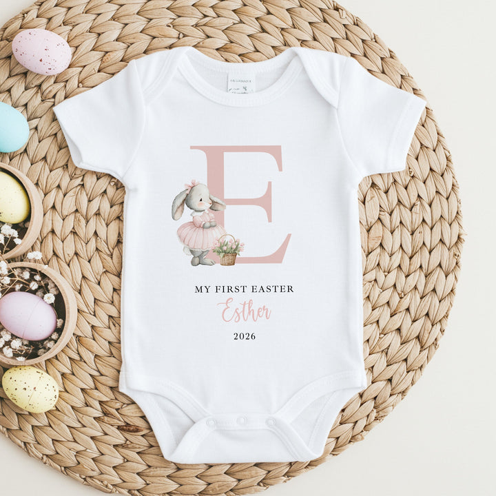 Personalised Pink Bunny Initial My First Easter Baby Grow, Vest or Bib