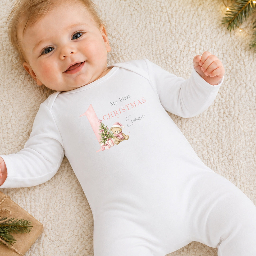 Personalised Pink Bear My 1st Christmas Baby Grow Or Vest