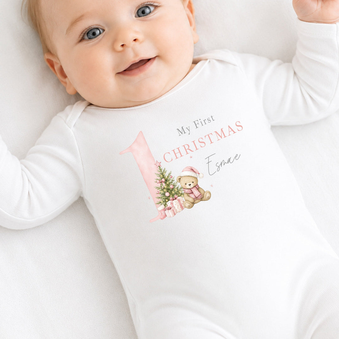 Personalised Pink Bear My 1st Christmas Baby Grow Or Vest