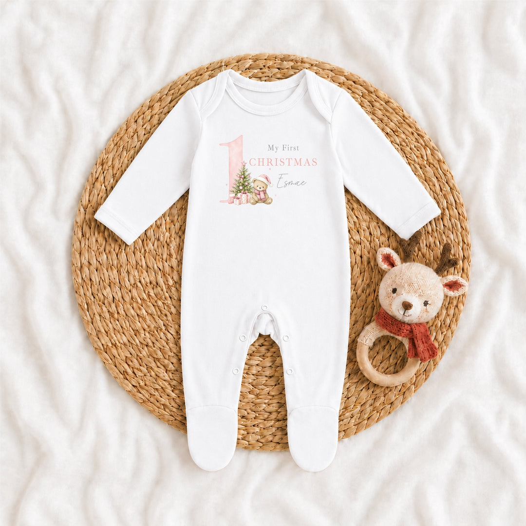 Personalised Pink Bear My 1st Christmas Baby Grow Or Vest