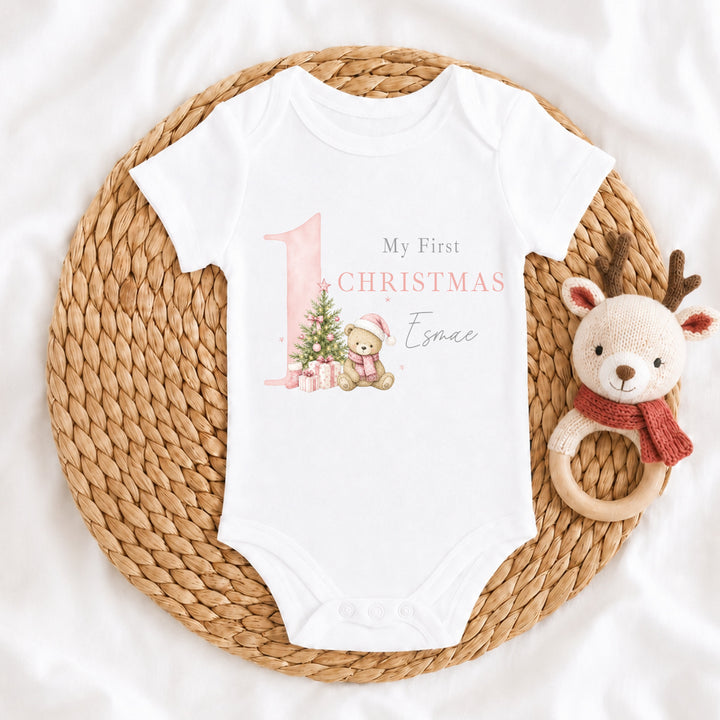 Personalised Pink Bear My 1st Christmas Baby Grow Or Vest