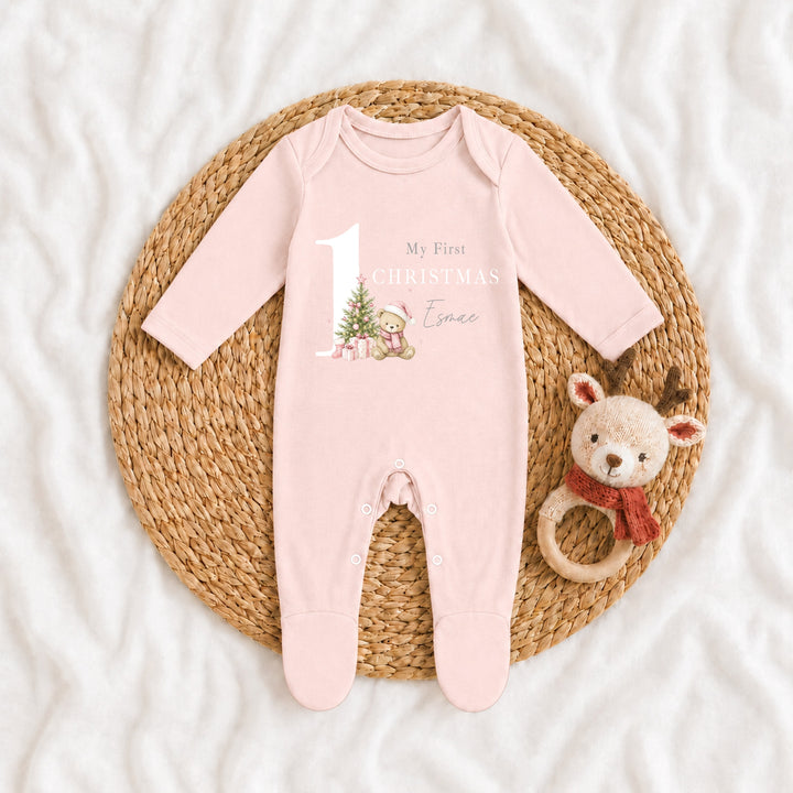 Personalised Pink Bear My 1st Christmas Baby Grow Or Vest