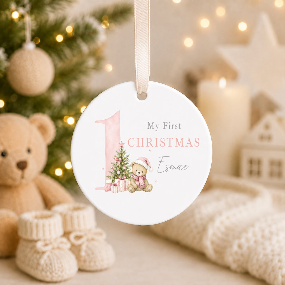 Personalised Pink Bear My 1st Christmas Ceramic Bauble