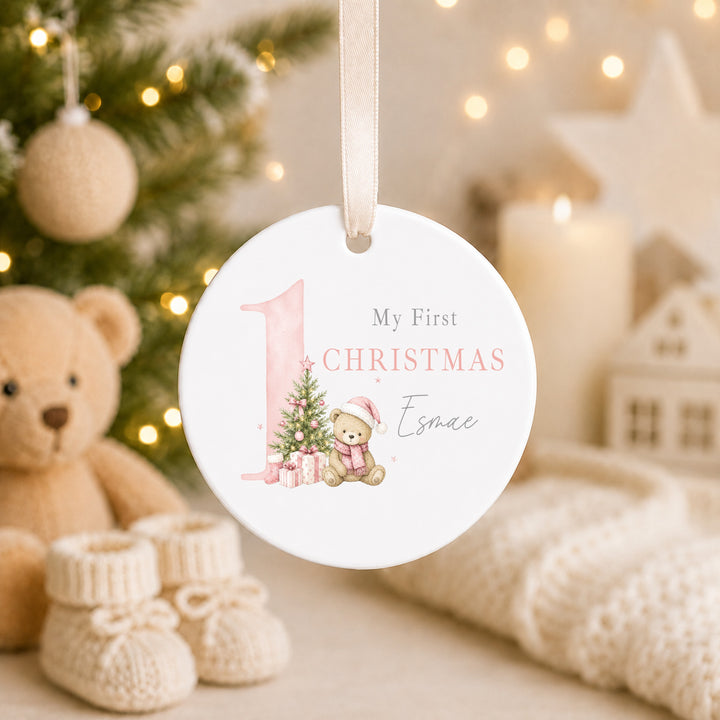 Personalised Pink Bear My 1st Christmas Ceramic Bauble