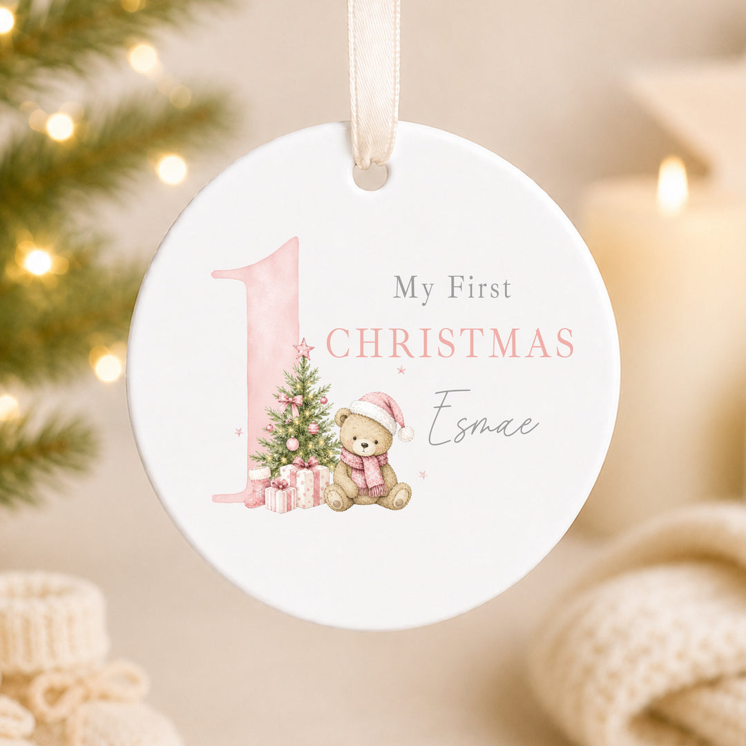 Personalised Pink Bear My 1st Christmas Ceramic Bauble