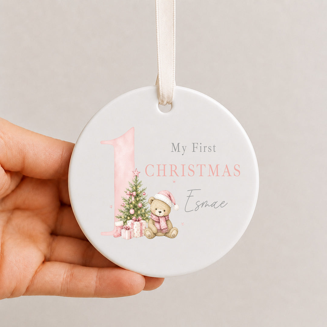 Personalised Pink Bear My 1st Christmas Ceramic Bauble