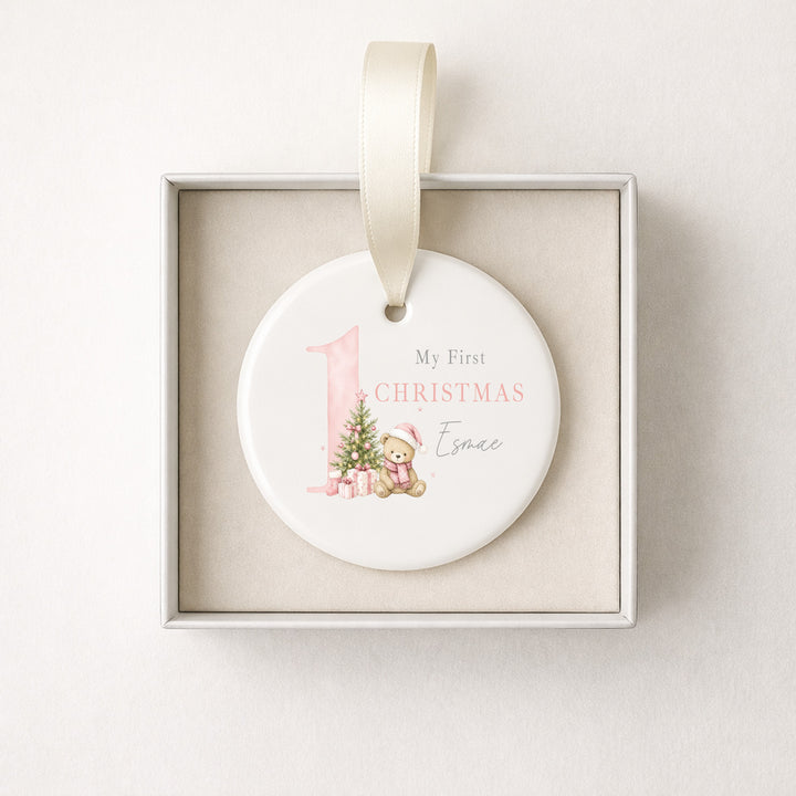 Personalised Pink Bear My 1st Christmas Ceramic Bauble
