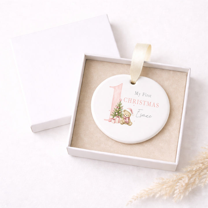 Personalised Pink Bear My 1st Christmas Ceramic Bauble