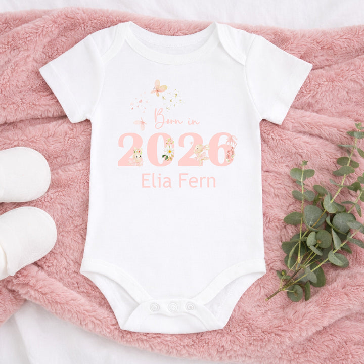 Personalised Pink Ballerina Bunny Born in 2026 Baby Grow, Vest or Bib