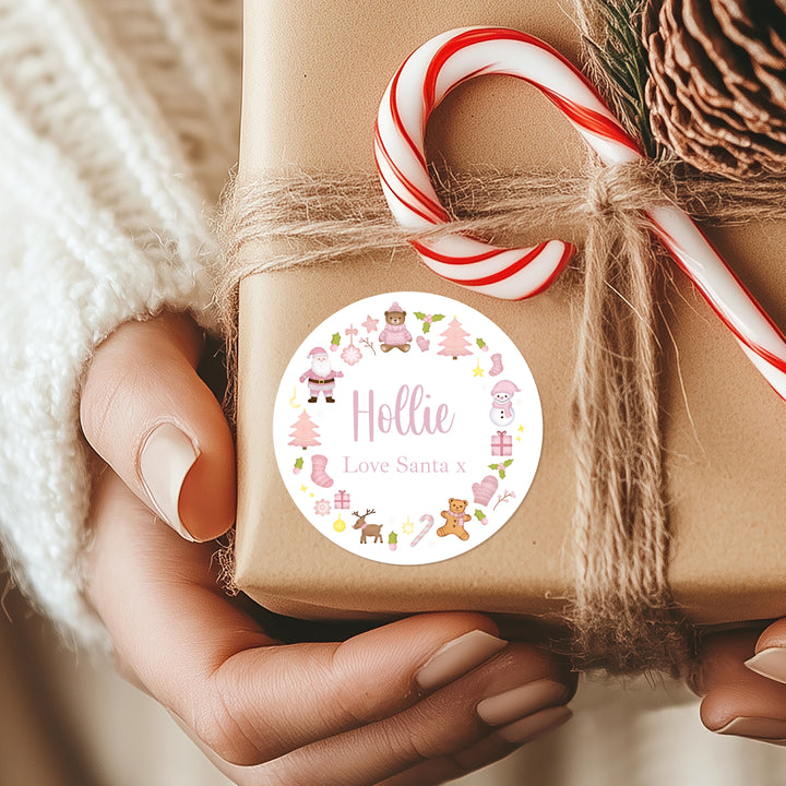 Personalised Pink Wreath Christmas Stickers