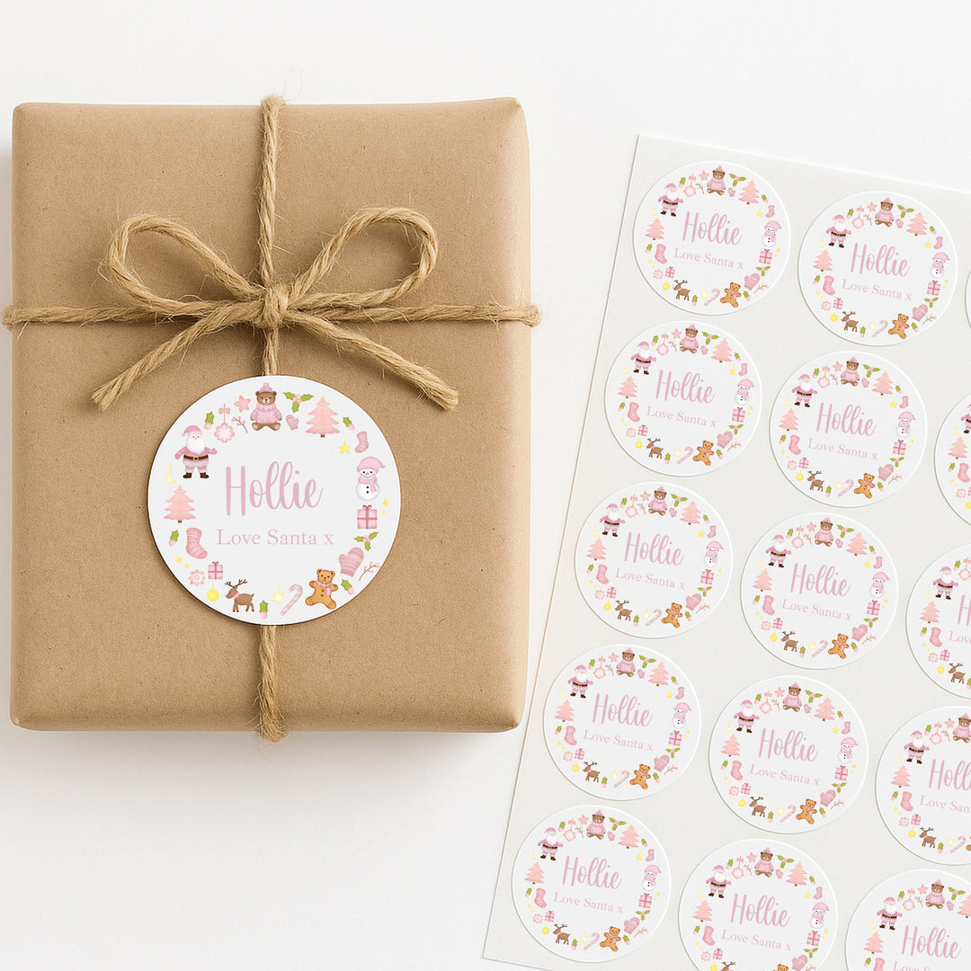 Personalised Pink Wreath Christmas Stickers