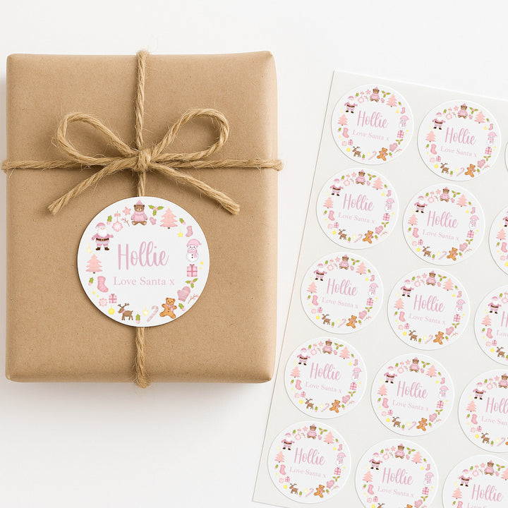 Personalised Pink Wreath Christmas Stickers