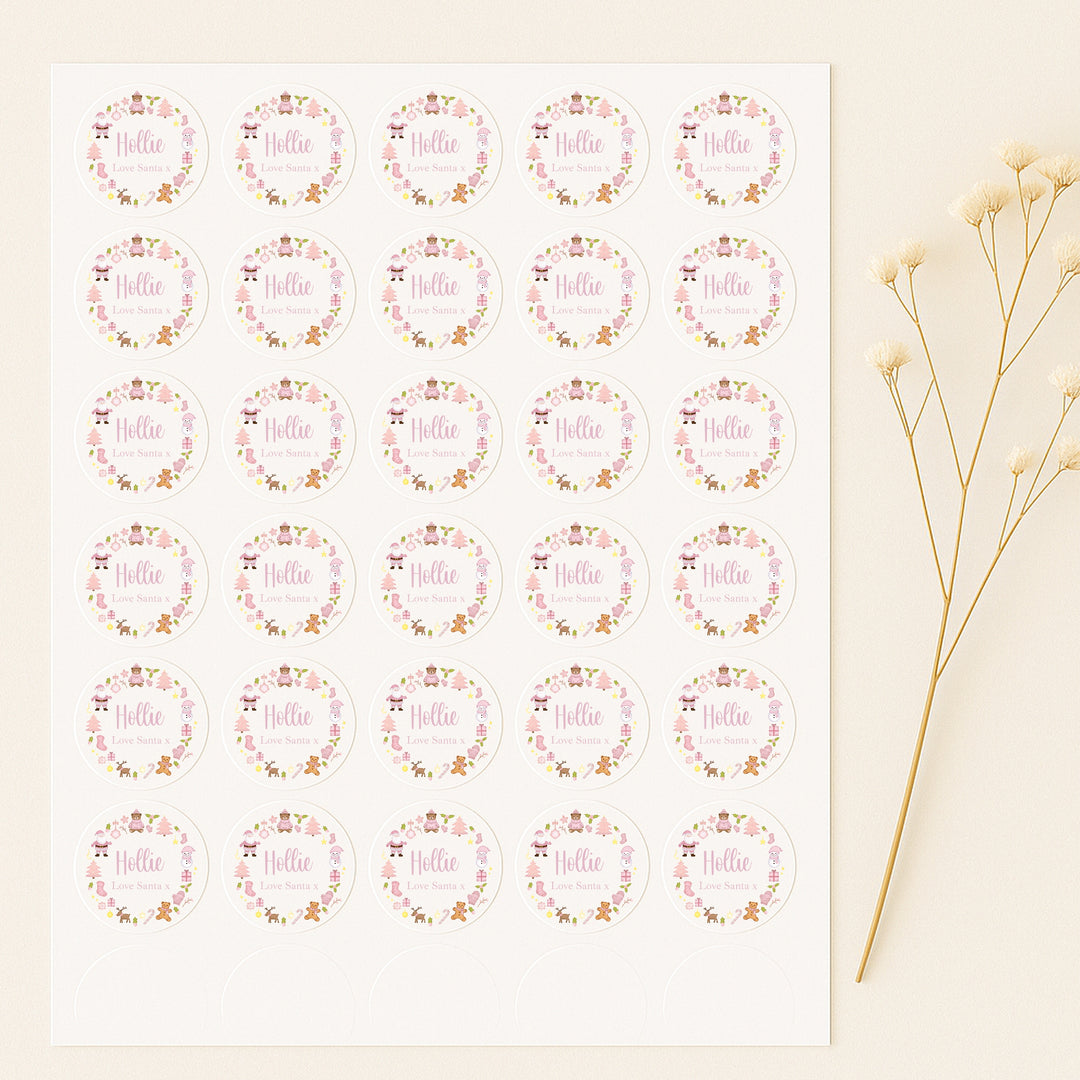 Personalised Pink Wreath Christmas Stickers