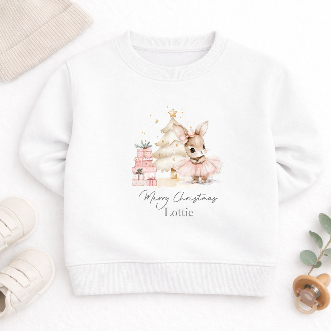 Personalised Kids Pink Rabbit Tree Christmas Jumper