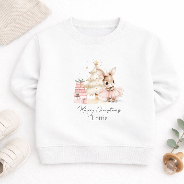 Personalised Kids Pink Rabbit Tree Christmas Jumper