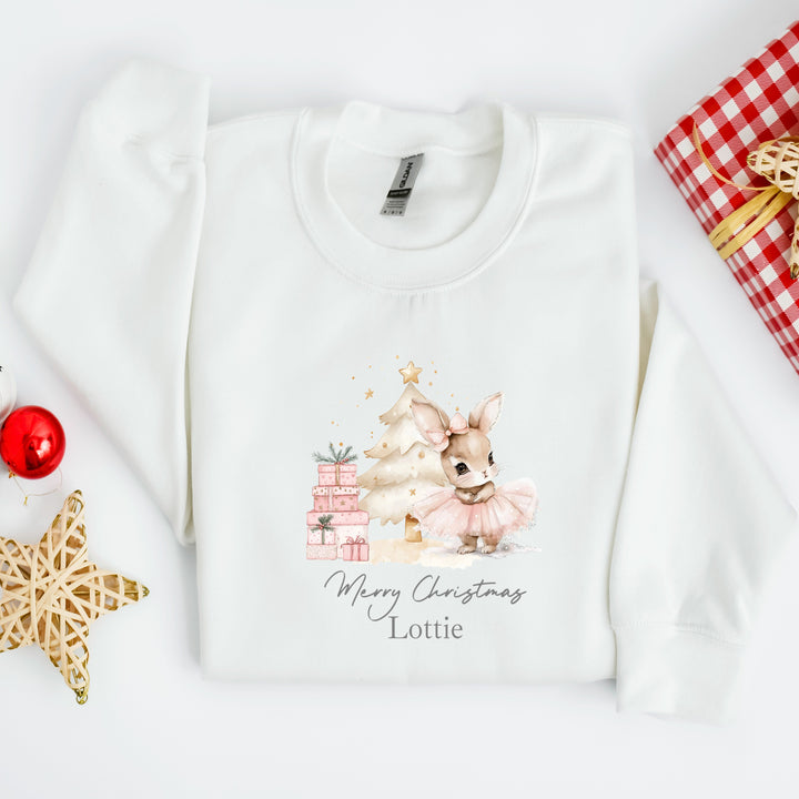 Personalised Kids Pink Rabbit Tree Christmas Jumper