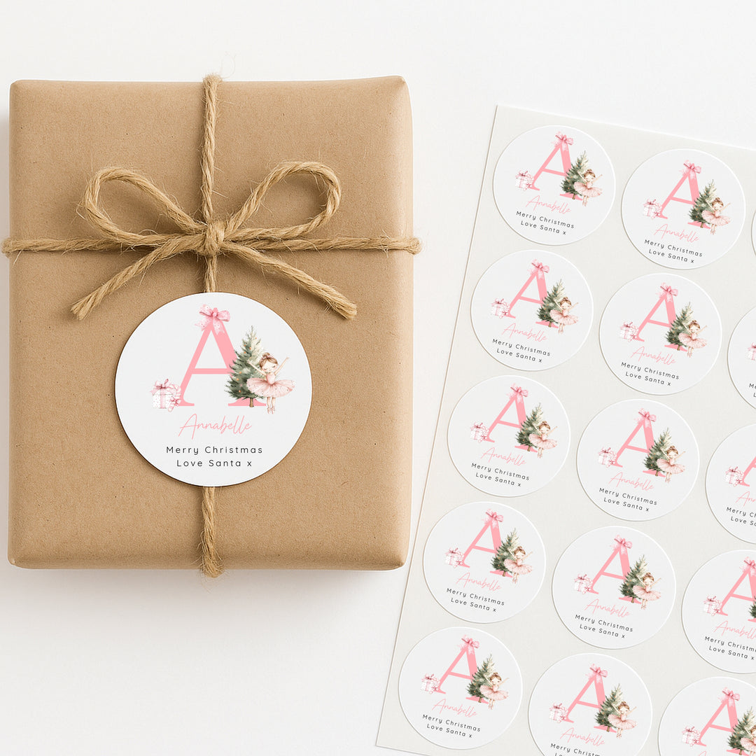 Personalised Pink Ballerina Initial Christmas Stickers