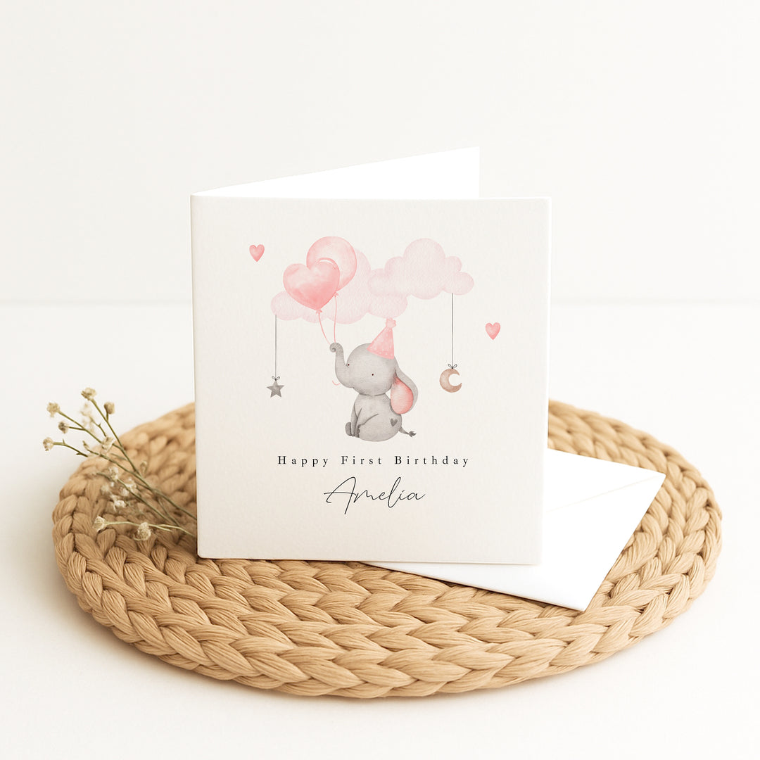 Personalised Pink Elephant Birthday Card