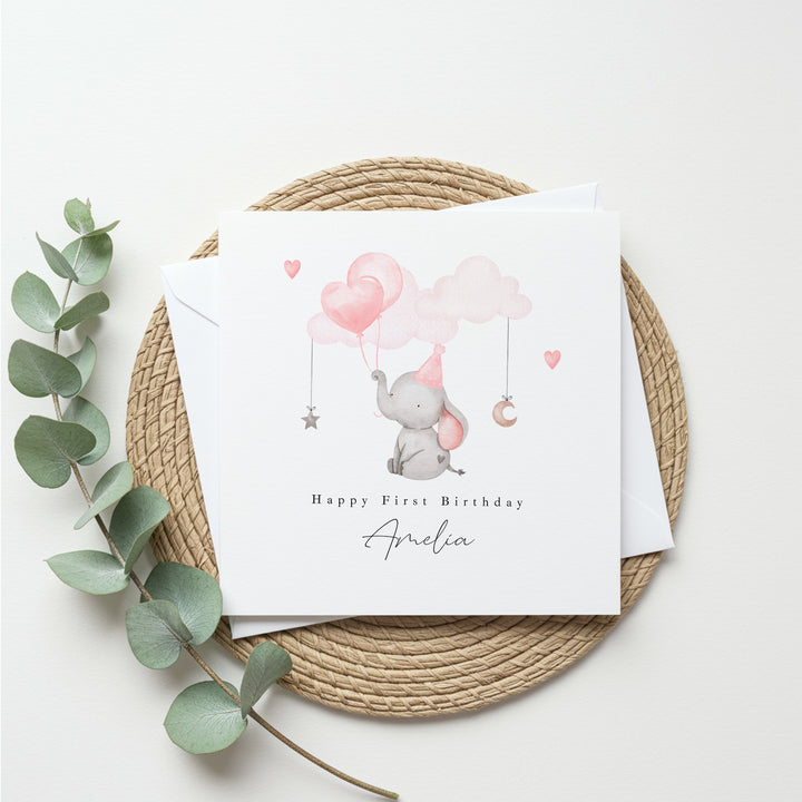 Personalised Pink Elephant Birthday Card