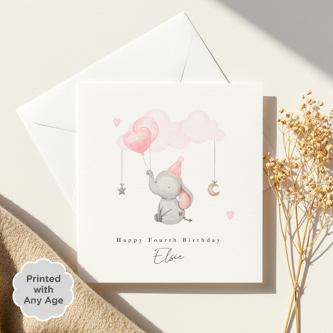 Personalised Pink Elephant Any Age Birthday Card