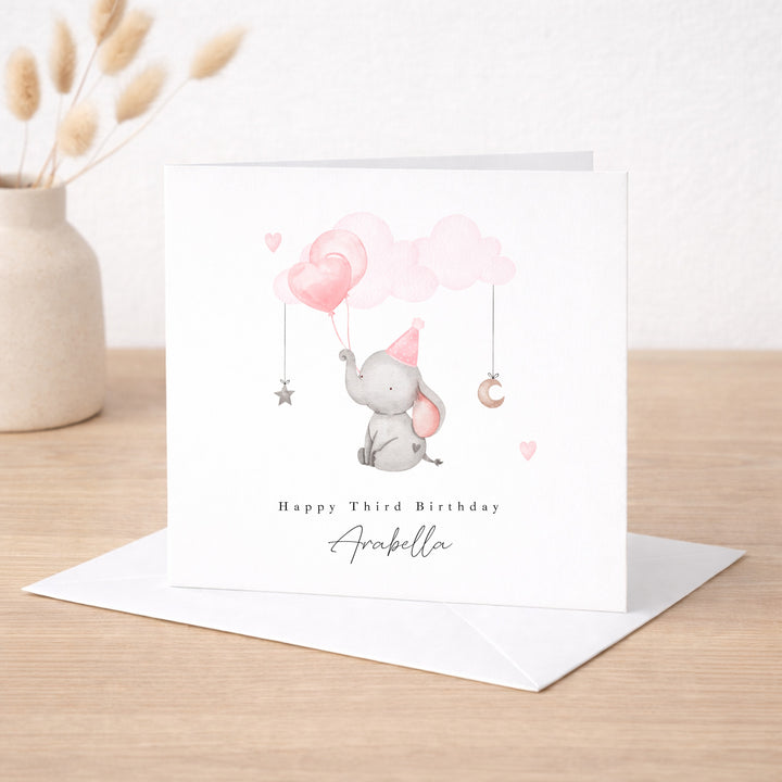 Personalised Pink Elephant Any Age Birthday Card