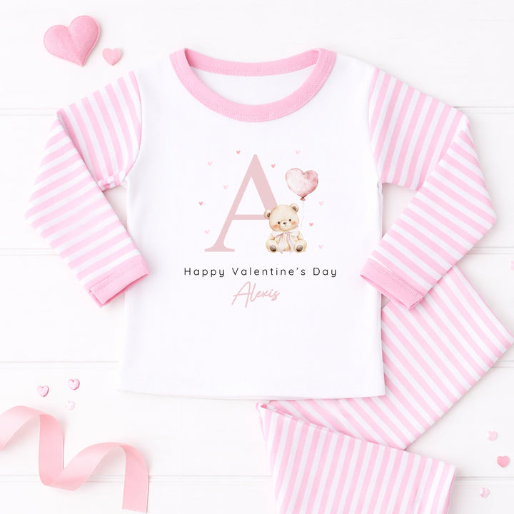 Personalised Pink Initial Happy Valentine's Day Pink Stripe Pyjamas