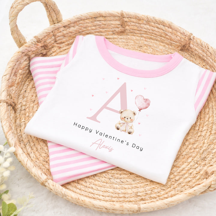 Personalised Pink Initial Happy Valentine's Day Pink Stripe Pyjamas