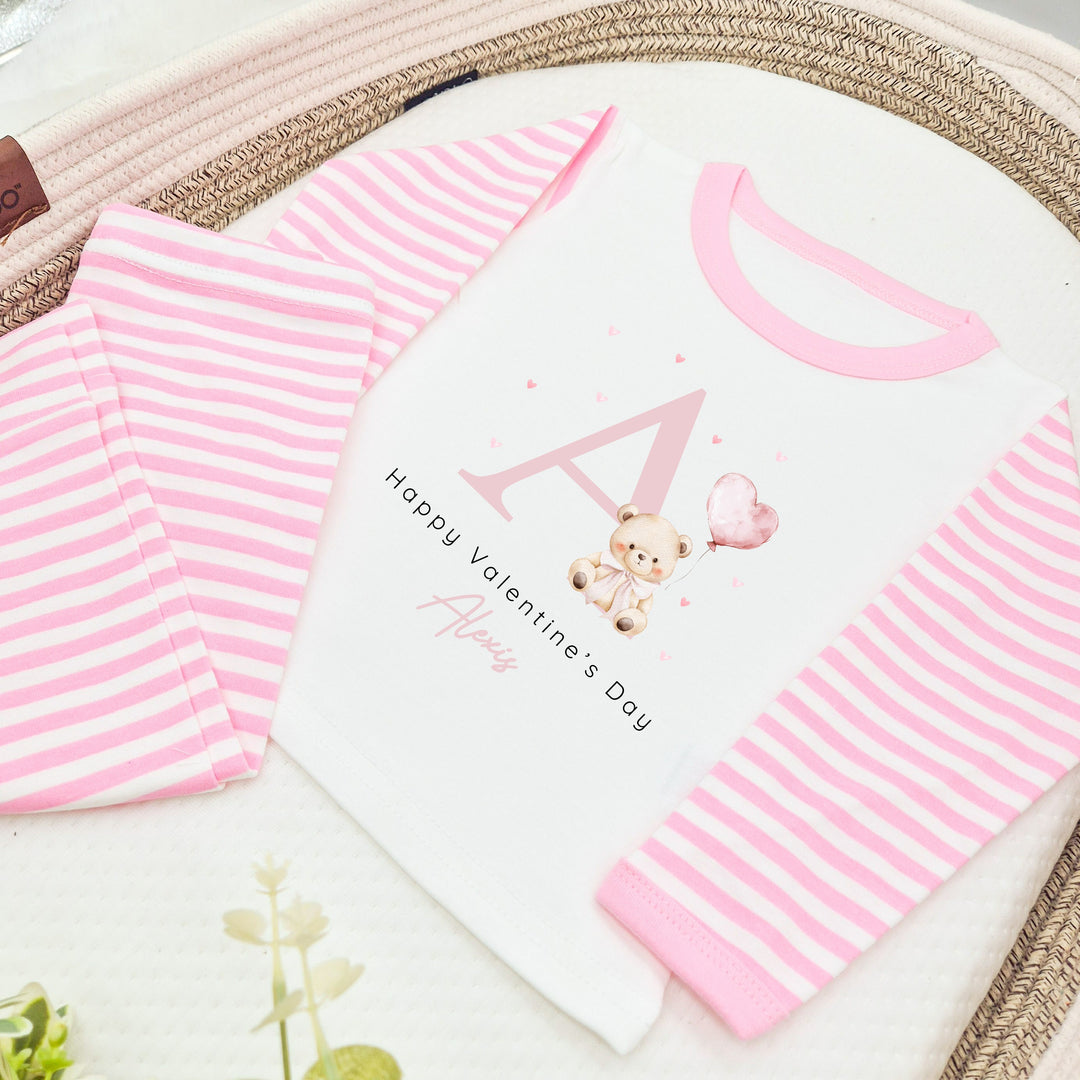 Personalised Pink Initial Happy Valentine's Day Pink Stripe Pyjamas