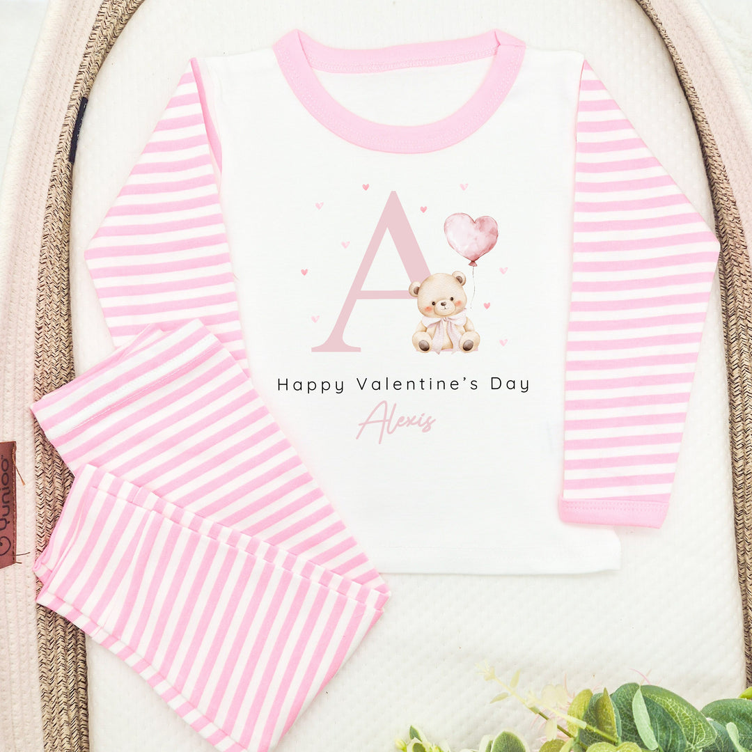 Personalised Pink Initial Happy Valentine's Day Pink Stripe Pyjamas