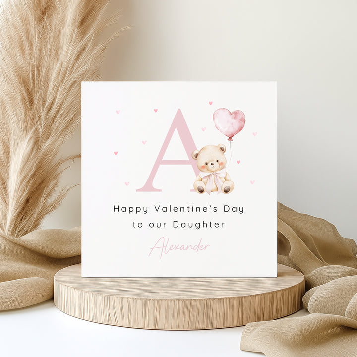 Personalised Pink Bear Initial Happy Valentine's Day Card