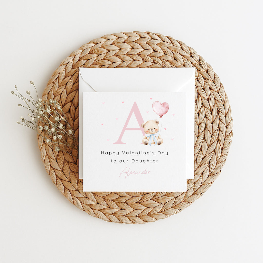 Personalised Pink Bear Initial Happy Valentine's Day Card